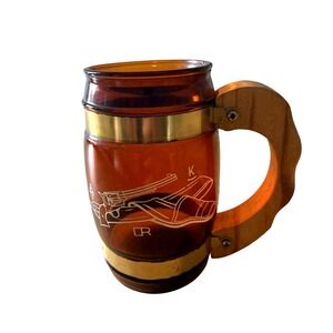 Vintage Siesta Ware Amber Glass Beer Mug Western Revolver Wood Handle Brass Trim